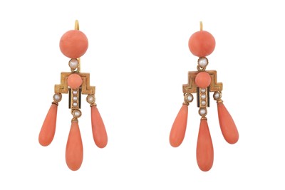 Lot 2161 - A Pair of Coral, Split Pearl and Enamel Drop...