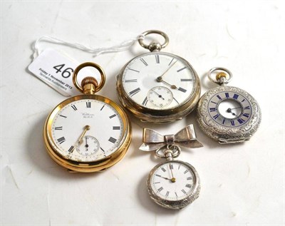 Lot 46 - A silver open faced pocket watch, a plated pocket watch signed Waltham and two lady's fob...