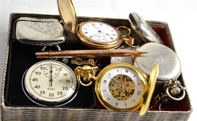 Lot 47 - A pocket barometer, 9ct pencil, two silver vestas, hunter pocket watch, Albert chain etc