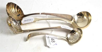 Lot 48 - A Georgian silver sifter spoon, two Georgian ladles and a 20th century sifter spoon