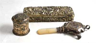 Lot 69 - Edwardian embossed silver box, Chester 1901, late 19th century cylindrical box and a rattle...