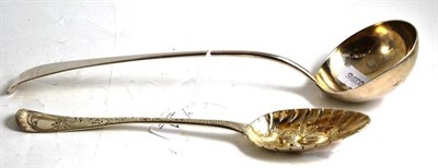Lot 71 - A Georgian silver soup ladle, Hanoverian pattern, circa 1770, marker's mark 'TC', and a berry spoon