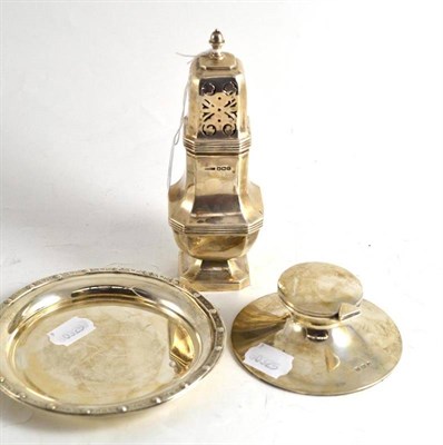 Lot 78 - Silver sugar caster, silver dish with Celtic style bank and inkwell with glass liner
