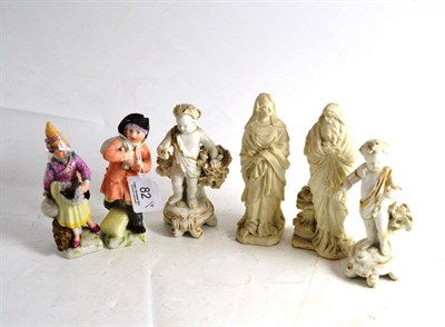 Lot 82 - Two Derby biscuit figures, two Derby putti and two Berlin figures