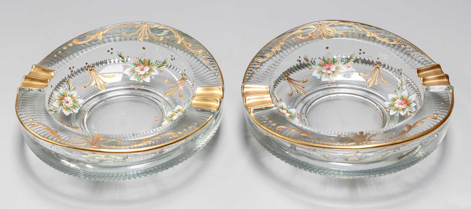 Lot 300 - A Pair of Hand-Painted Moulded Glass Ashtrays,...