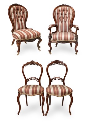 Lot 682 - Four Victorian Walnut Upholstered Chairs,...