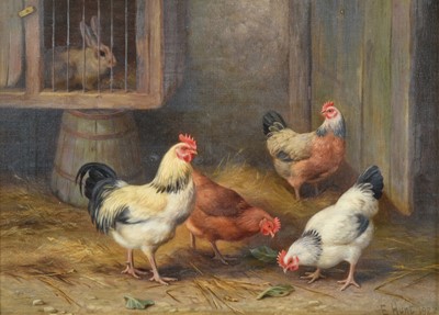 Lot 1069 - Edgar Hunt (1876-1953) Chickens and a rabbit...