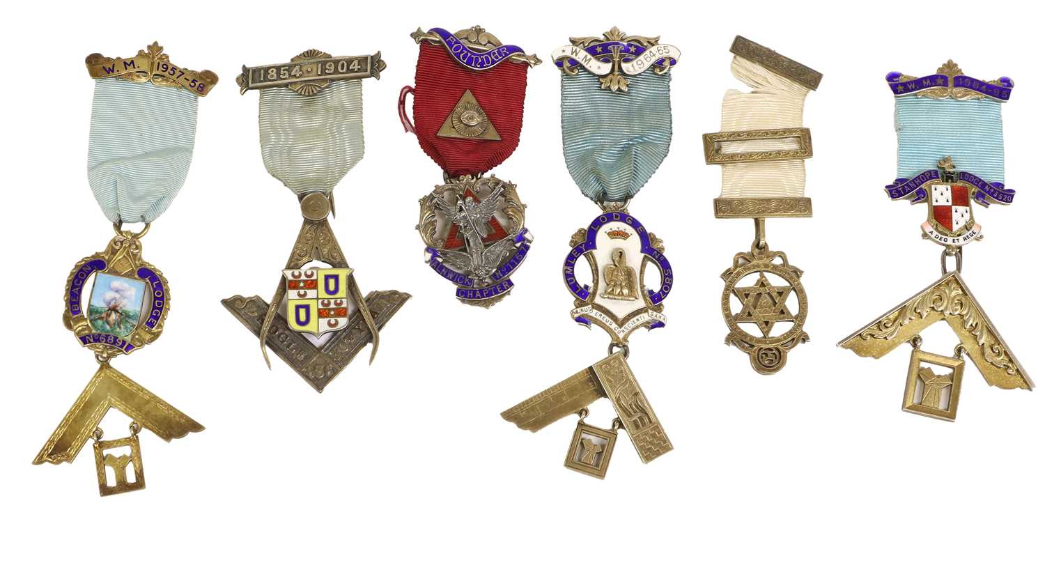 Lot 78 - Five Masonic Silver Gilt and Enamel Jewels,...