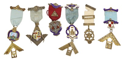 Lot 78 - Five Masonic Silver Gilt and Enamel Jewels,...