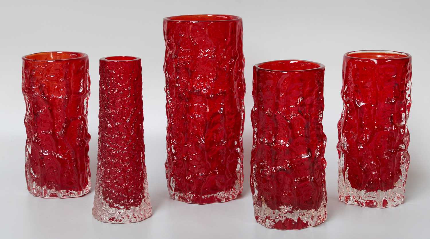 Lot 338 - Whitefriars Ruby ''Bark'' Vases, tallest 19cm (5)