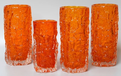 Lot 340 - Whitefriars Tangerine ''Bark'' Vases, tallest...