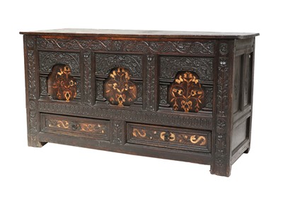 Lot 614 - A Carved Oak and Marquetry-Inlaid Hinged Chest,...