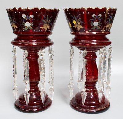 Lot 319 - A Pair of Victorian Ruby Glass Table Lustres,...