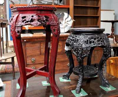 Lot 1328 - Two Chinese Carved Hardwood Marble Topped...