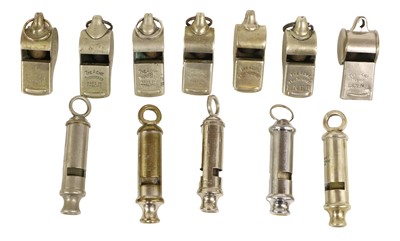 Lot 128 - Seven Acme Thunderer Railway Guard's Whistles,...