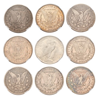 Lot 134 - 9x USA, Silver Dollars; all slabbed and graded...