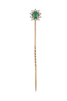 Lot 2196 - An Emerald and Diamond Cluster Stick Pin the...