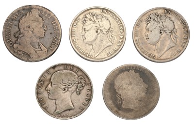 Lot 28 - 5x UK Silver Crowns, to include; William III,...