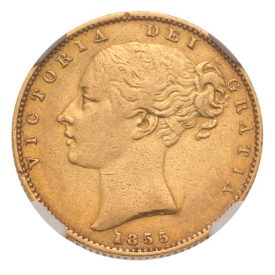 Lot 158 - Victoria, Sovereign 1855, WW incuse on...