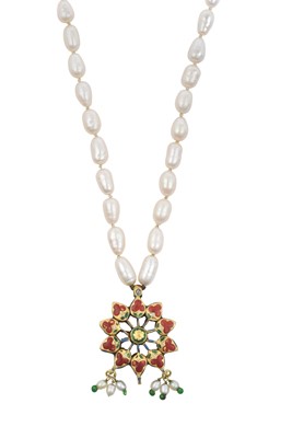 Lot 2124 - A Diamond, Cultured Pearl and Enamel Necklace...