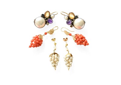 Lot 372 - Two Pairs of Drop Earrings, a grapevine motif...