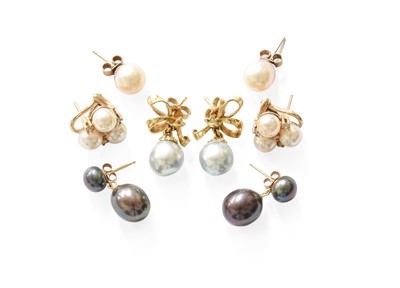 Lot 387 - Four Pairs of Cultured Pearl Earrings, of...