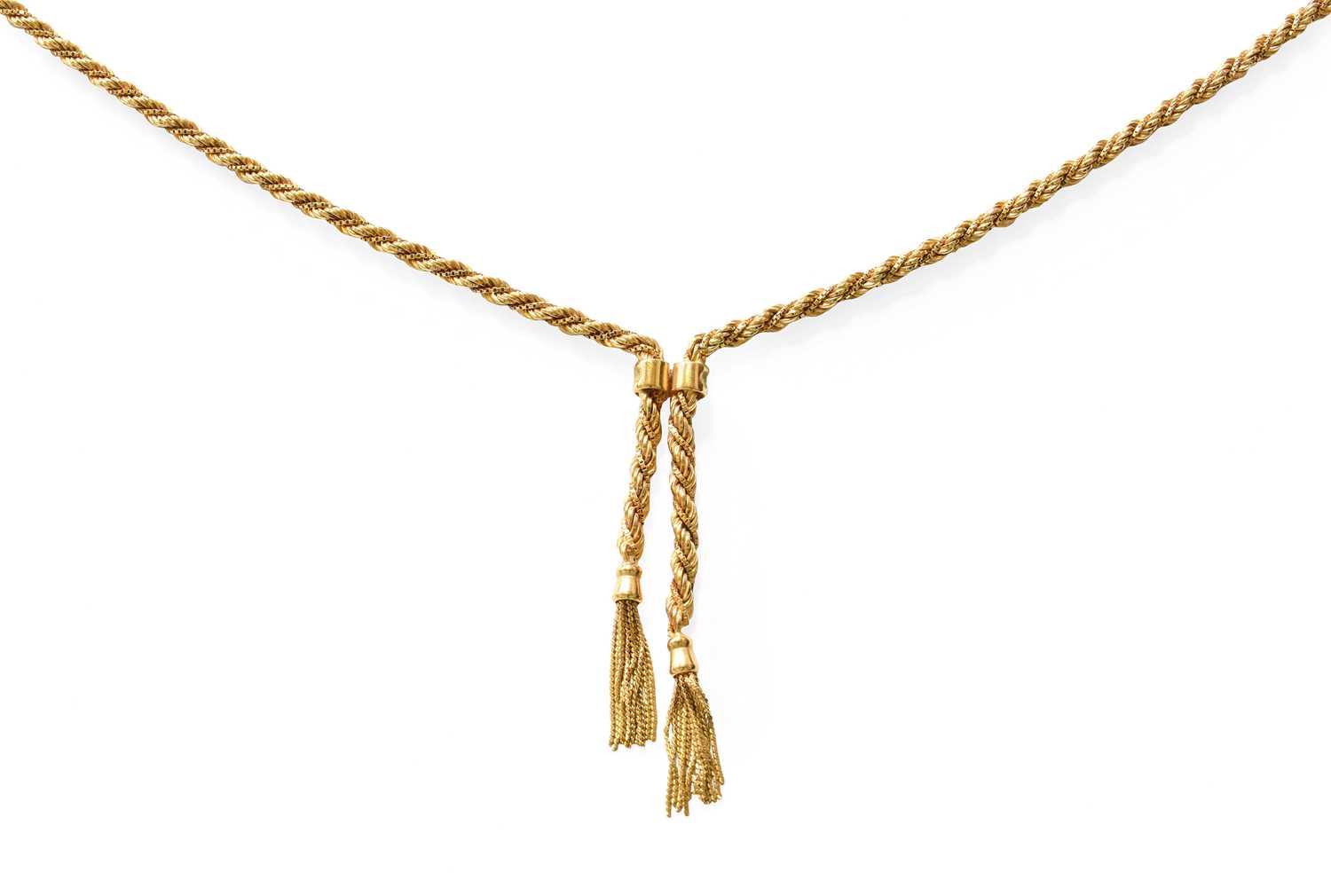 Lot 374 - A 9 Carat Gold Rope Twist Tassel Necklace,