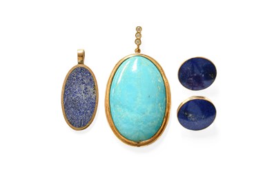 Lot 384 - A 9 Carat Gold Lapis Lazuli Pendant, measures...