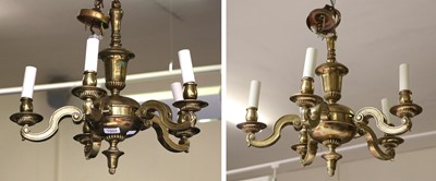 Lot 1502 - A Pair of Brass Five Light Chandelier