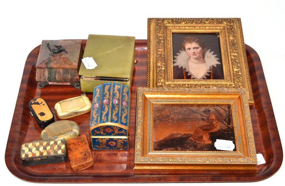 Lot 288 - Two crystoleums, five snuff boxes, onyx box, Russian box etc