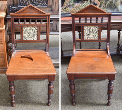 Lot 1415 - A Pair of Victorian Mahogany Hall Chairs, with...