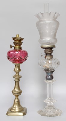 Lot 152 - A Cut Glass Chamber Oil Lamp, with etched...