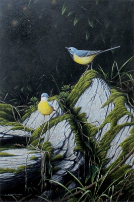 Lot 1028 - Geoff Rollinson (b.1946) Pair of grey wagtails...