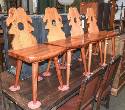 Lot 1219 - Four Swiss Pine Kitchen Chairs, shaped and...