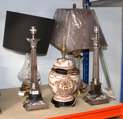 Lot 1523 - A Pair of Modern Silvered Tablelamps, of...