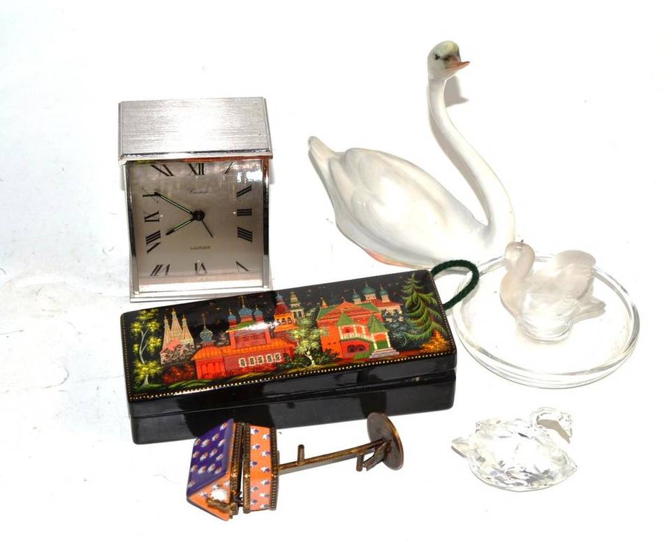 Lot 321 - Lalique swan ashtray, Herend swan, Swarovski swan, Limoges birdhouse box, Russian lacquer box,...