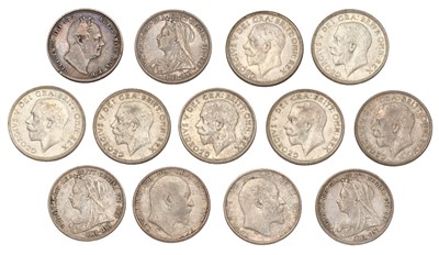 Lot 46 - 13x UK Shillings, to include; William IV, 1836;...