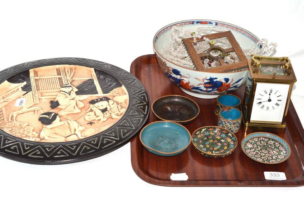 Lot 333 - A Bretby Japanese design plaque, two napkin rings, four cloisonne dishes, decorative light fitting