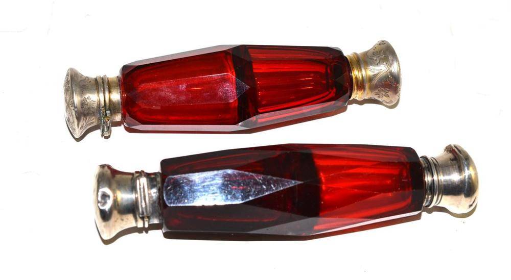 Lot 374 - Two red glass double ended scent bottles
