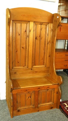 Lot 1478 - A Reproduction Pine Box Settle, with panelled...