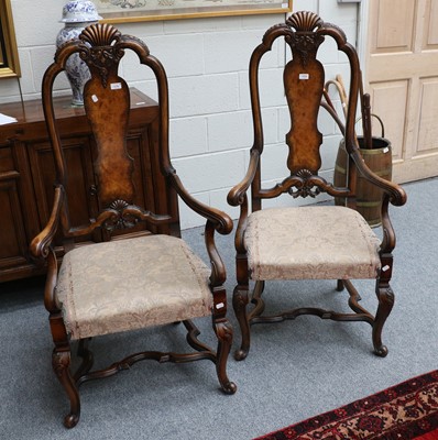 Lot 1494 - A Pair of Carved Burr Walnut Armchairs, with...