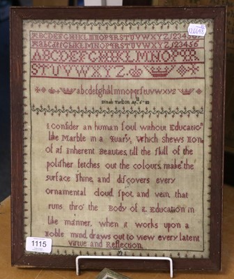 Lot 1115 - Small Alphabet Sampler Worked by Dinah Tarlton...