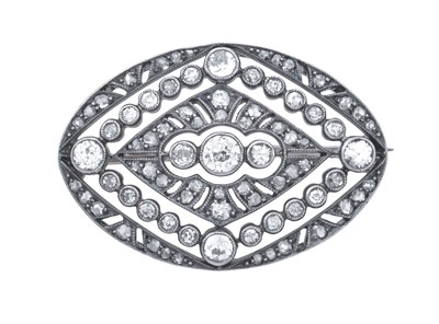 Lot 2195 - A Diamond Brooch of oval form, three old cut...