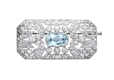 Lot 2232 - An Art Deco Aquamarine and Diamond Brooch the...