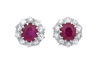 Lot 2250 - A Pair of Ruby and Diamond Cluster Earrings an...