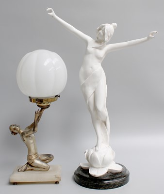 Lot 200 - An Art Deco Spelter Lamp, and a white painted...