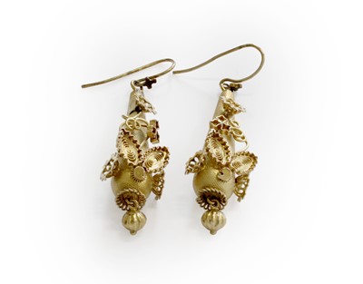 Lot 214 - A Pair of Drop Earrings, the textured pear...