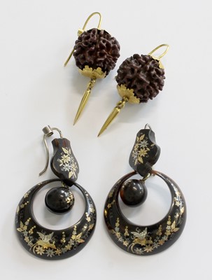 Lot 283 - A Pair of Tortoiseshell Pique Drop Earrings,...