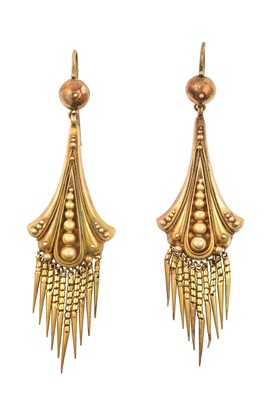 Lot 2377 - A Pair of Victorian Drop Earrings of tapered...