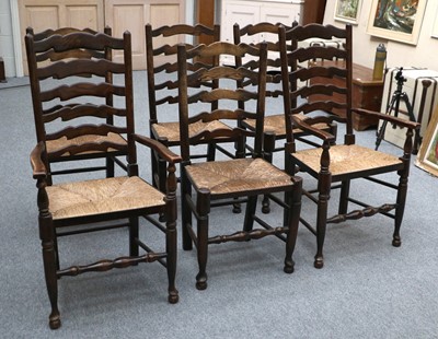 Lot 1358 - A Set of Six Oak Rush Seated Country Kitchen...